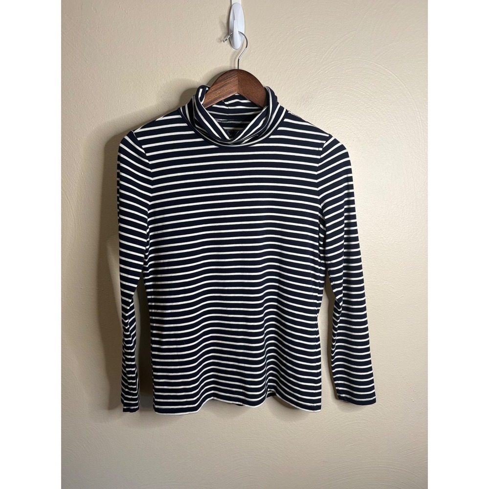 Talbots Tee Womens Petite Small Navy Blue White Striped Turtleneck Top Cotton